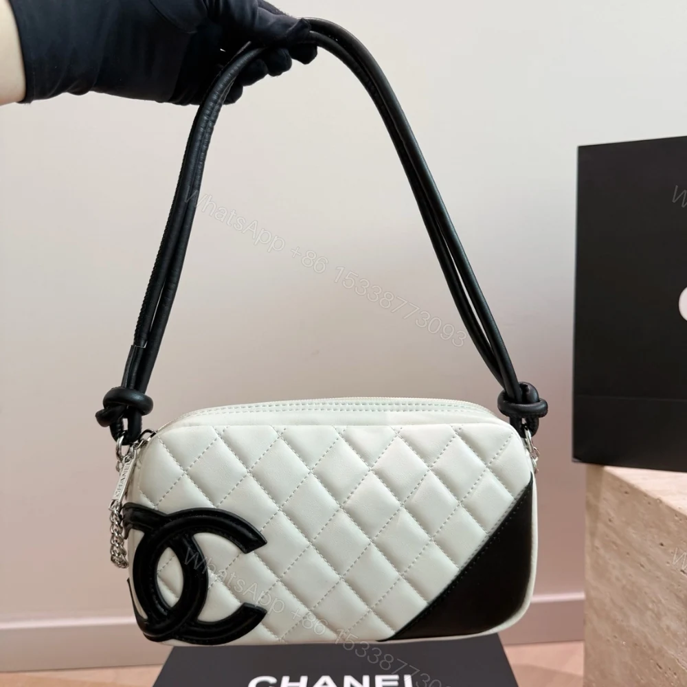 View 3 of Chanel Cambon Pochette Quilted Leather White And Black 22Cm