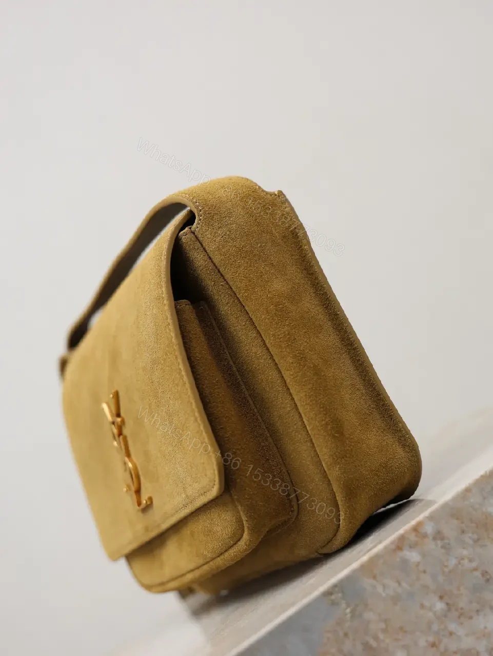 View 3 of Timeless Suede Crossbody with Gold Emblem, Compact Luxury