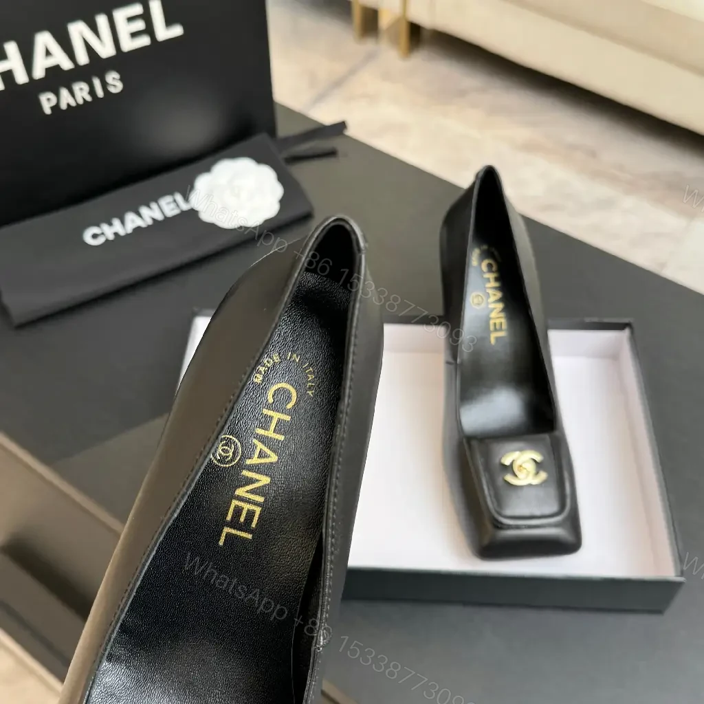 View 9 of Black Leather Heels with Iconic Hardware Emblem, Square-Toe, Block Heel