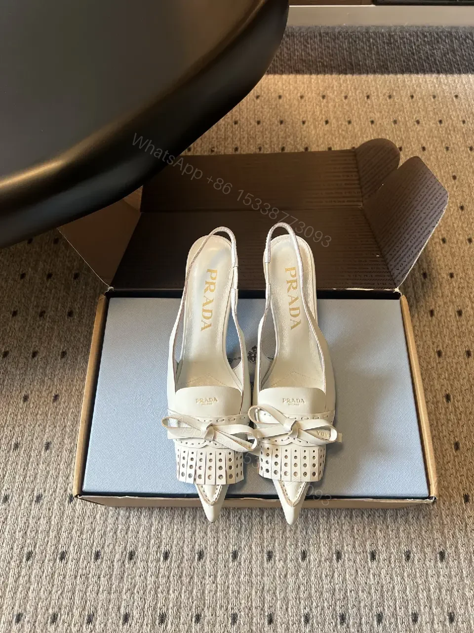 View 10 of White Leather Slingback Heels with Studded Bow – Classic Prada Style