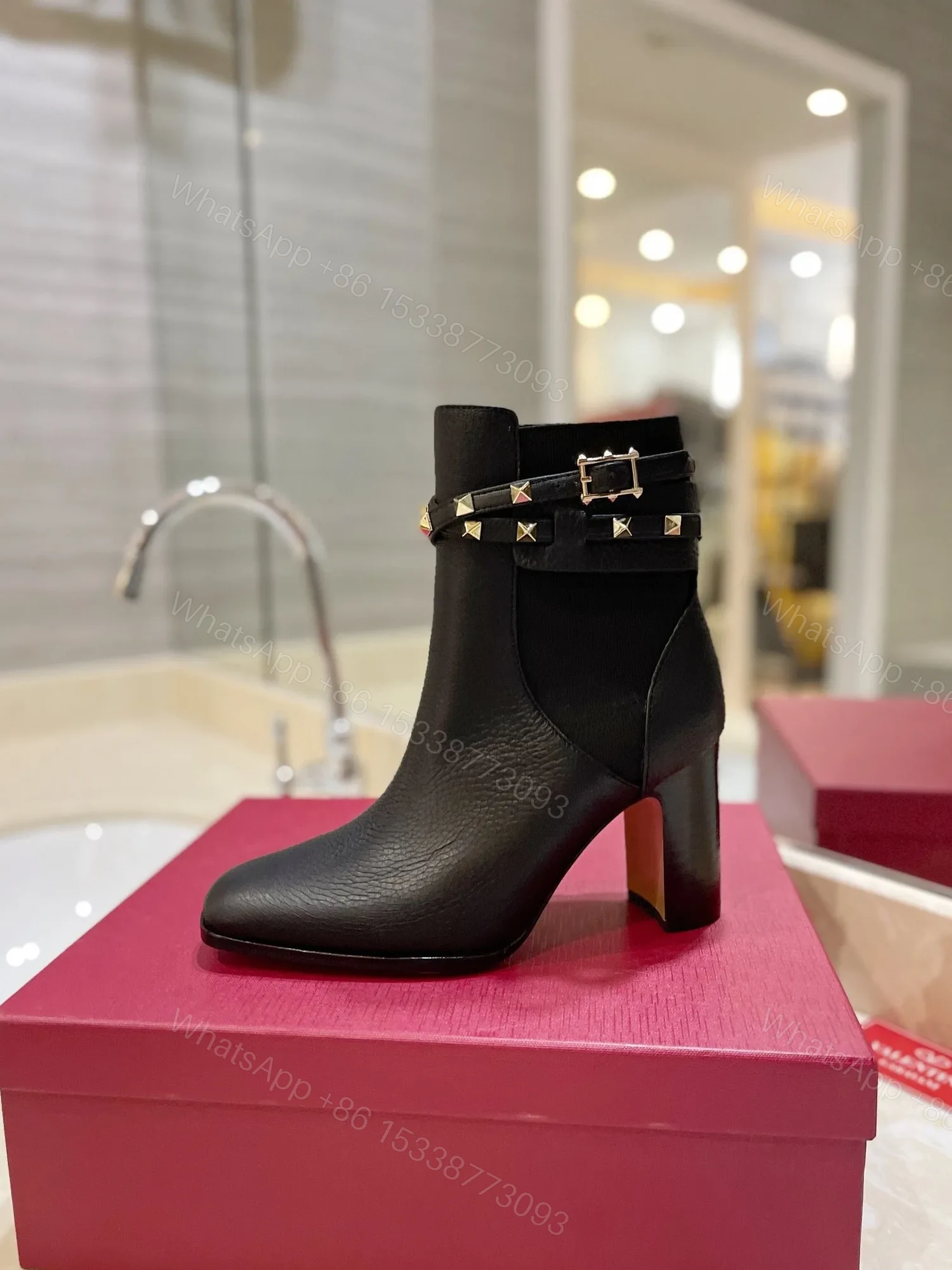 View 5 of Valentino Women Black Leather Studded Ankle Boots