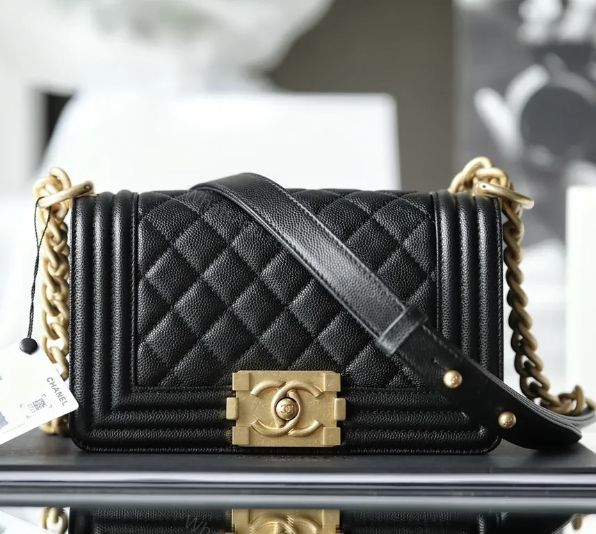 View 2 of Black Calfskin Quilted Luxury Bag with Gold Hardware Clasp