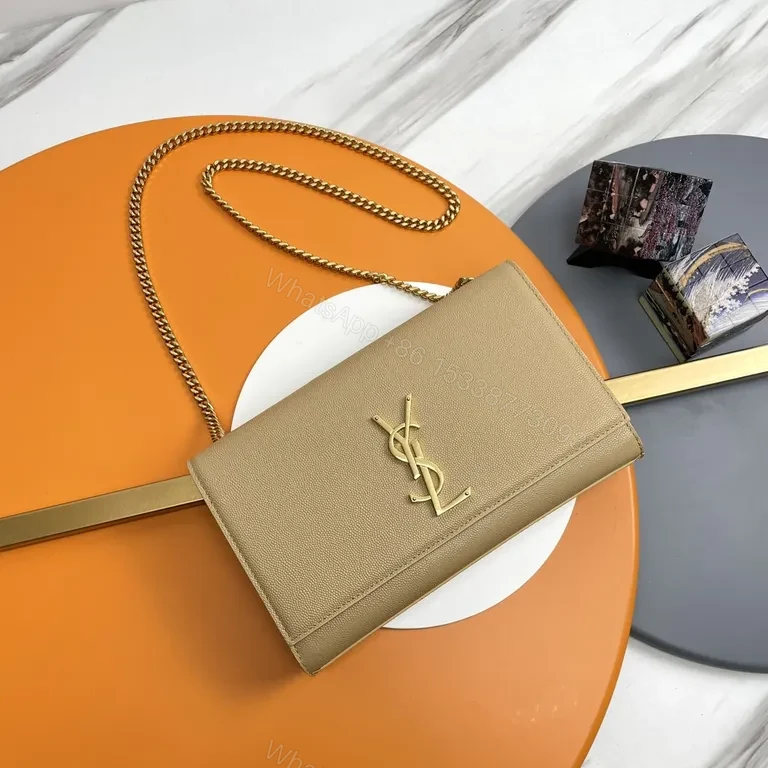 Beige Leather Wallet-on-Chain with Gold YSL Logo — view 1