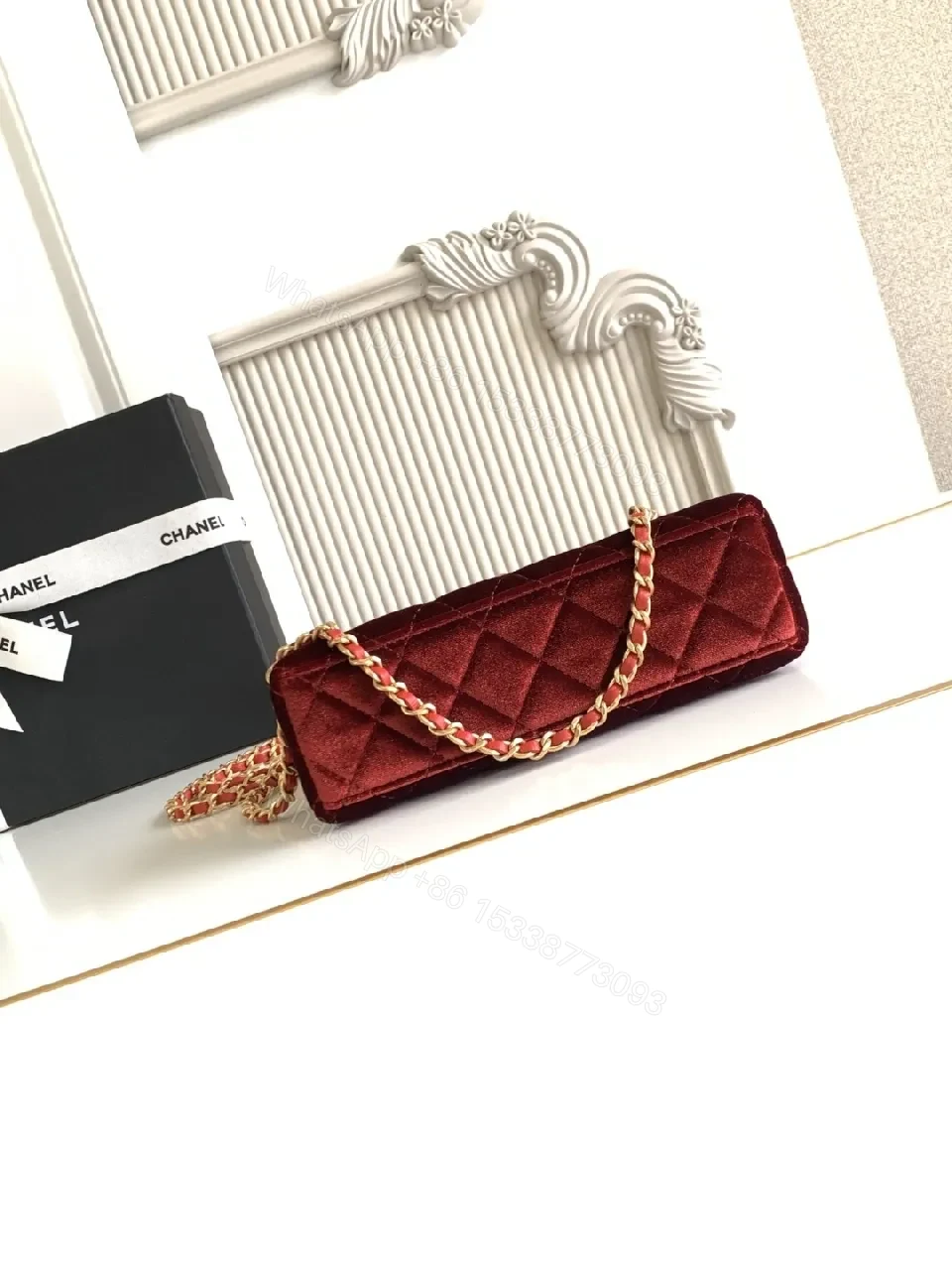 View 10 of Rich Velvet Quilted Mini Bag with Gold Logo