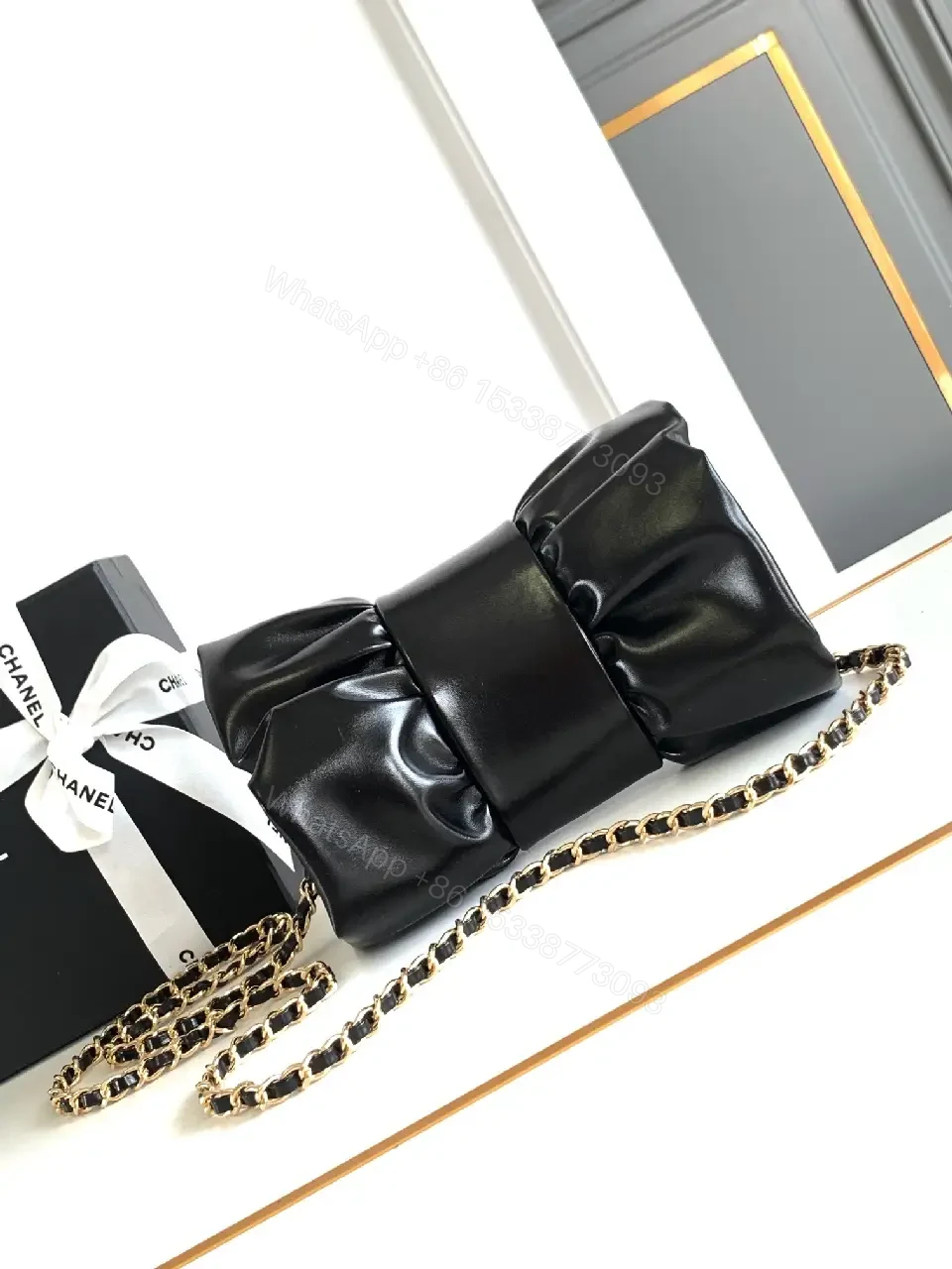 View 4 of Black Leather Ruched Clutch: Minimalist Glam, Gold Hardware, Evening-ready