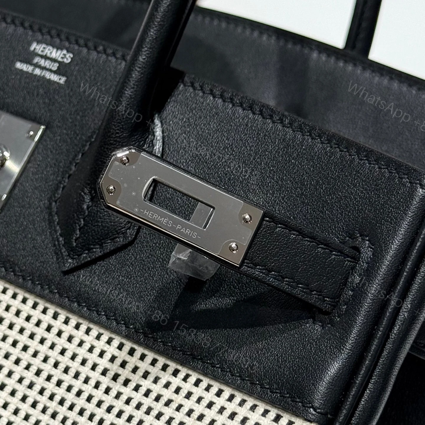 View 8 of Hermes BIRKIN 25CM IN BLACK SWIFT WHITE BLACK PLAID TOILE CANVAS (CUSTOM-MADE)