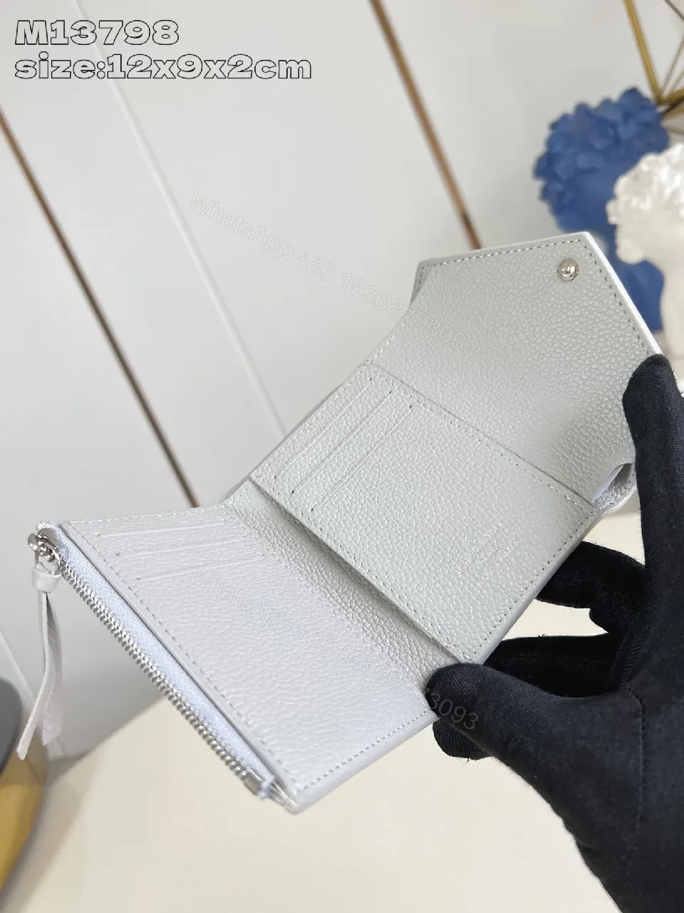 View 4 of Gray Leather Compact Monogram Wallet with Signature Motif