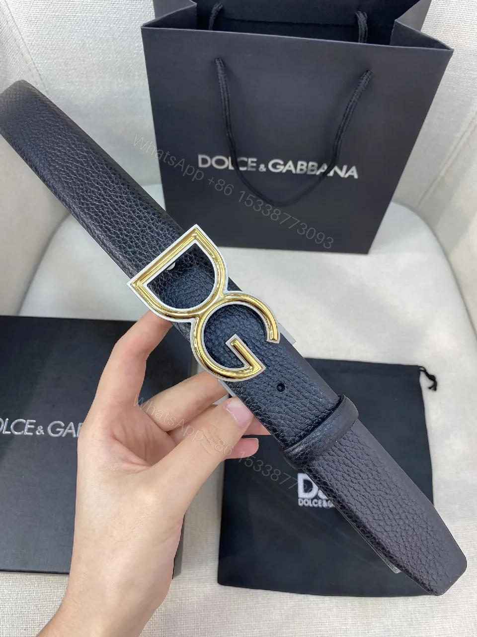 View 5 of Bold Leather Belt with Gold Buckle, Full-Grain Black Leather, Luxe Minimalism