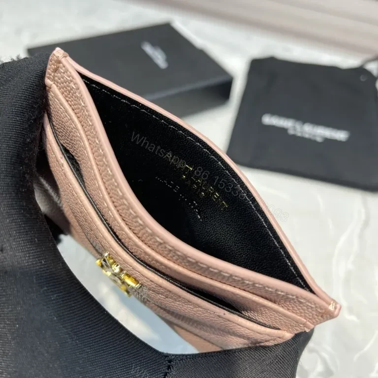 View 8 of Pink Chevron-Quilt Card Holder with YSL Logo, Calfskin Leather