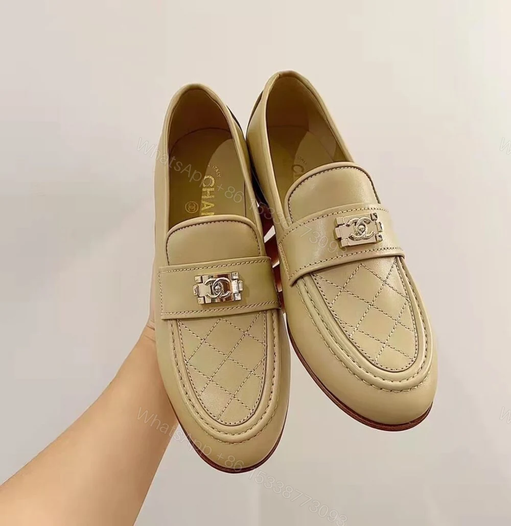 View 2 of Chanel 20B Quilted Boy Lego Metal Logo Gold Mule Slip On Flat Loafers Beige