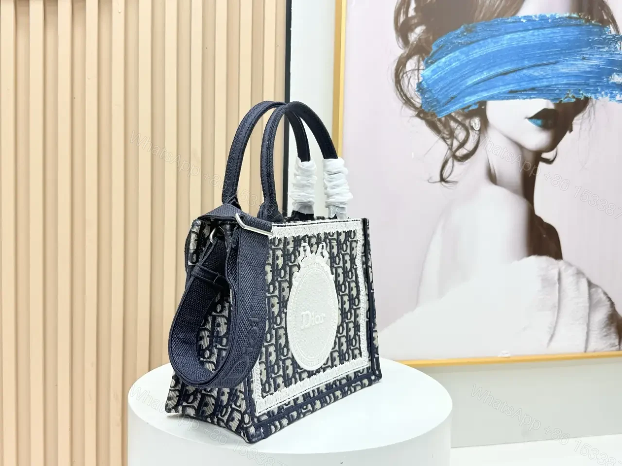 View 3 of Chic Monogram Weave Structured Handbag, Navy Cream