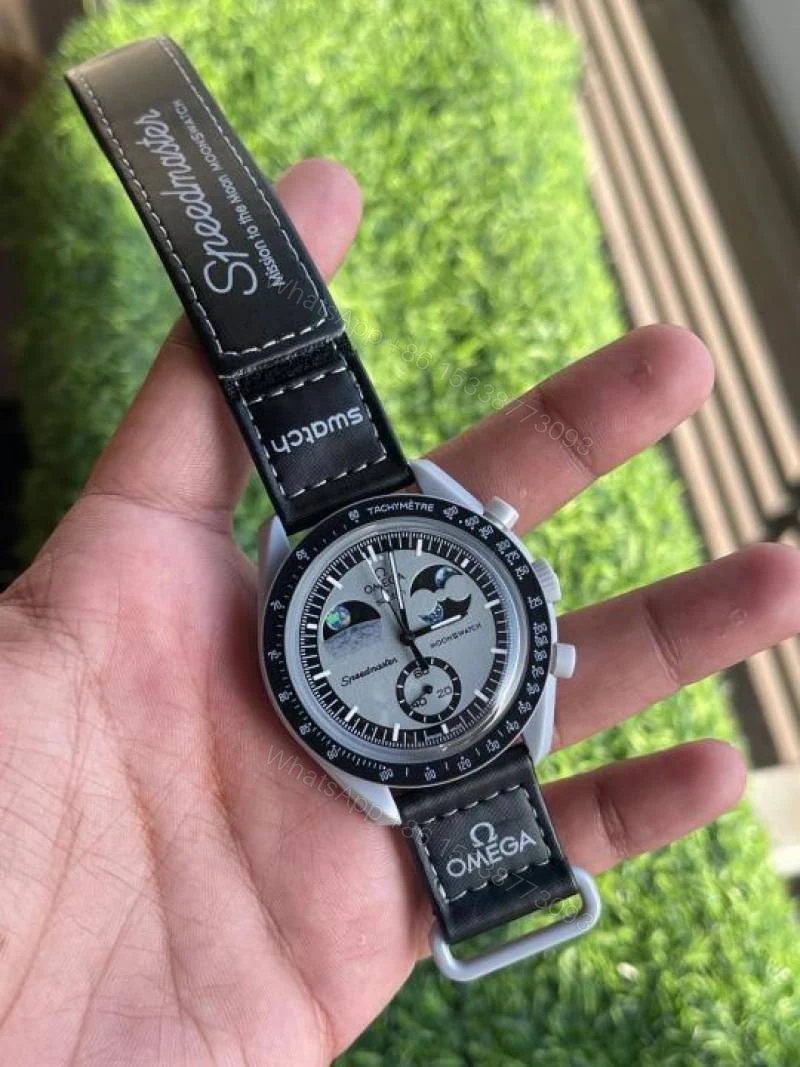 View 3 of First Copy Omega Speedmaster Moonphase Chronograph Automatic Watch With Black Leather Strap And Premium Finish