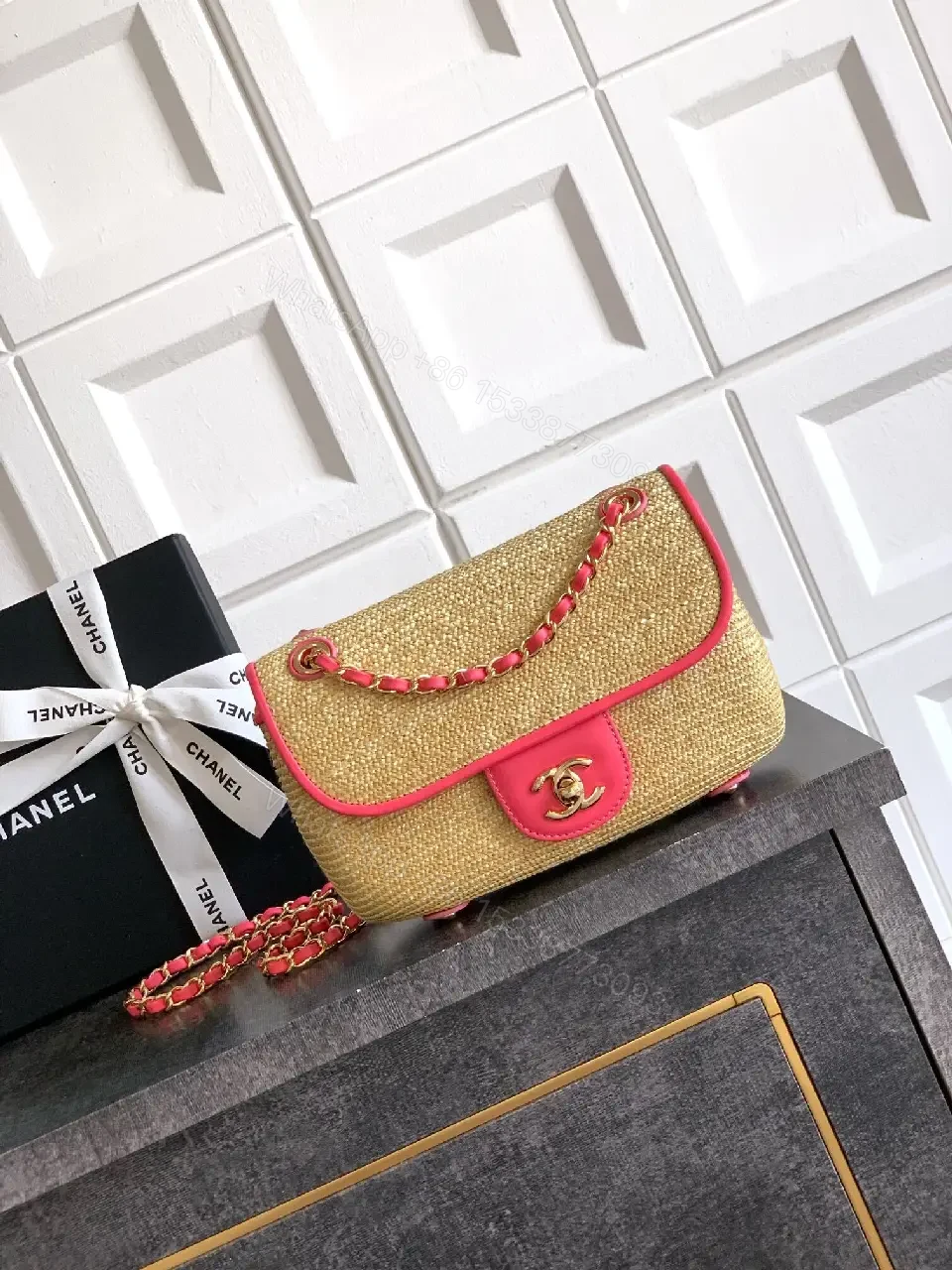 View 9 of Pink Trim Straw Bag with Chain Accent Compact Everyday Luxe