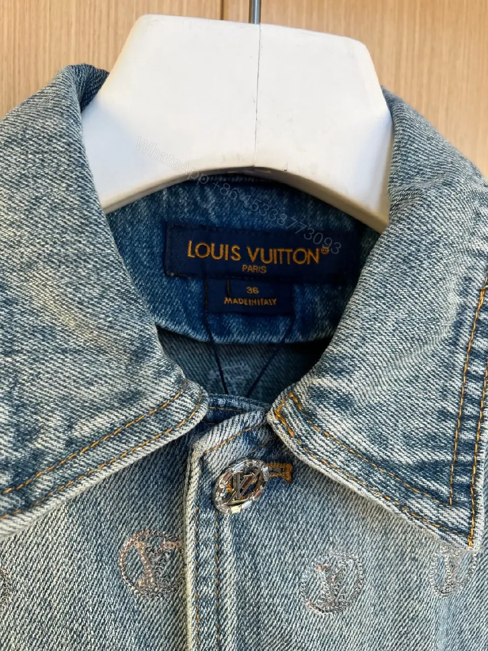 View 2 of Blue denim jacket with monogram print for everyday luxury casualwear