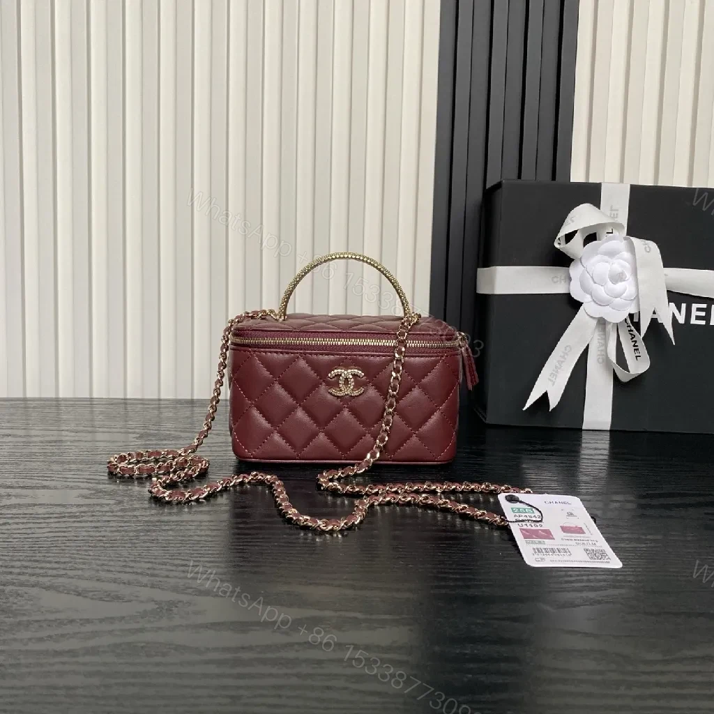 Quilted Burgundy Leather Mini Bag - Chain Strap, Gold Hardware — view 1