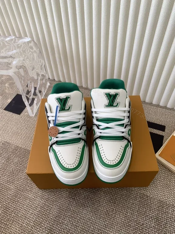 Green & White Leather High-Tops with LV-Style Detailing Sneakers — view 1