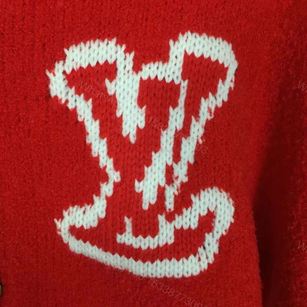 View 4 of Bold Red Cardigan with Luxe Logo Emblem - Cozy, Everyday Chic