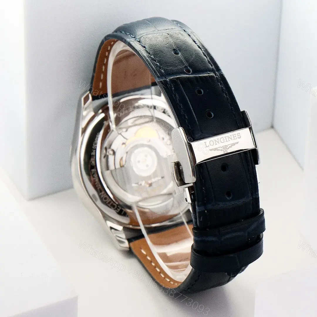 View 9 of Longines Master Collection GMT Watch White Dial with Blue Hands 40mm Stainless Steel Case Italian Grey Leather Strap