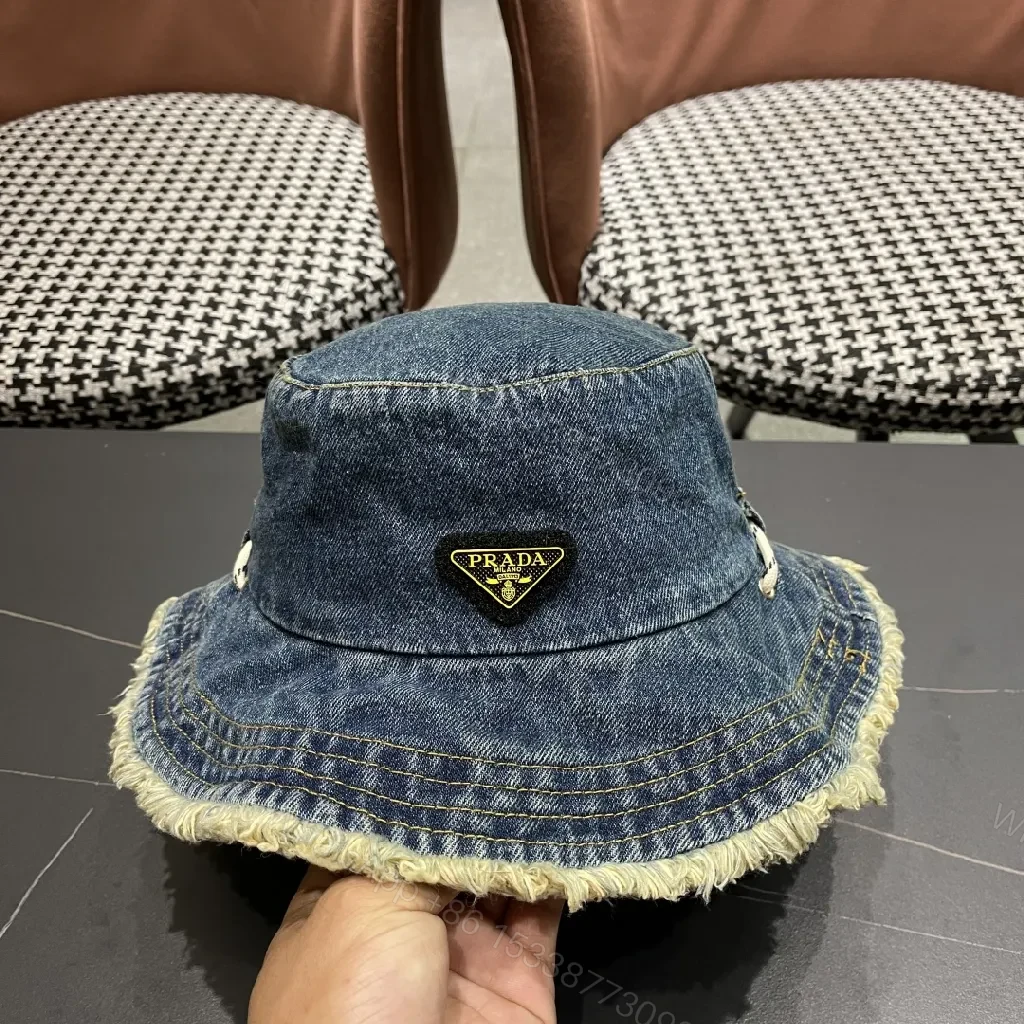View 6 of Denim Bucket Hat + Distressed Edge + Modern Luxury + Subtle Prada-Inspired Badge + Hat