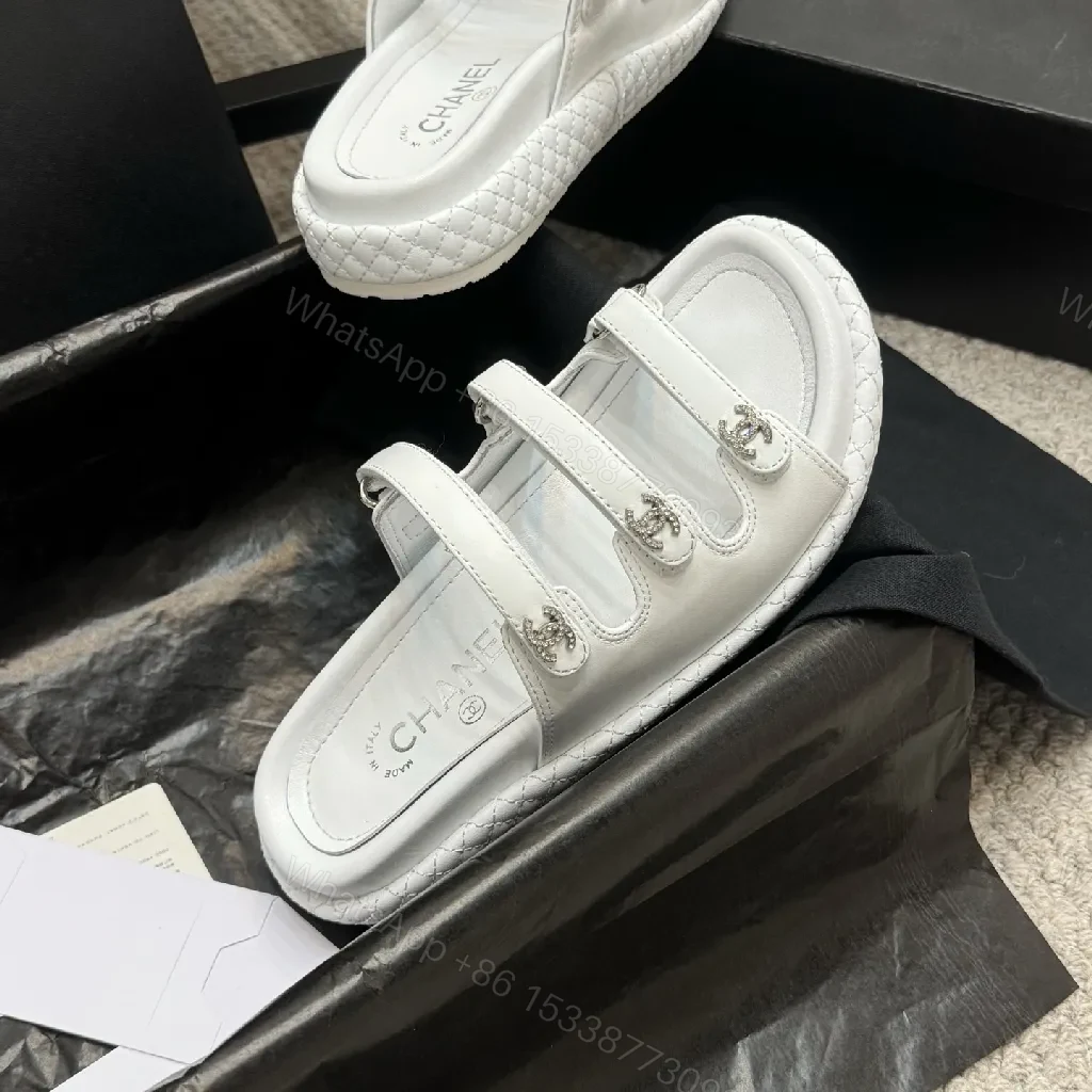 View 3 of White Quilted Sandals with Crystal Hardware - Luxe Comfort Sandals