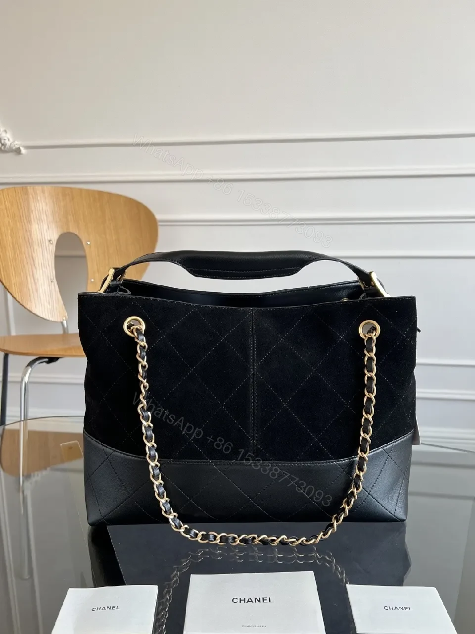 View 4 of Quilted Grand Tote: Black Leatherette, Gold Hardware, Luxury