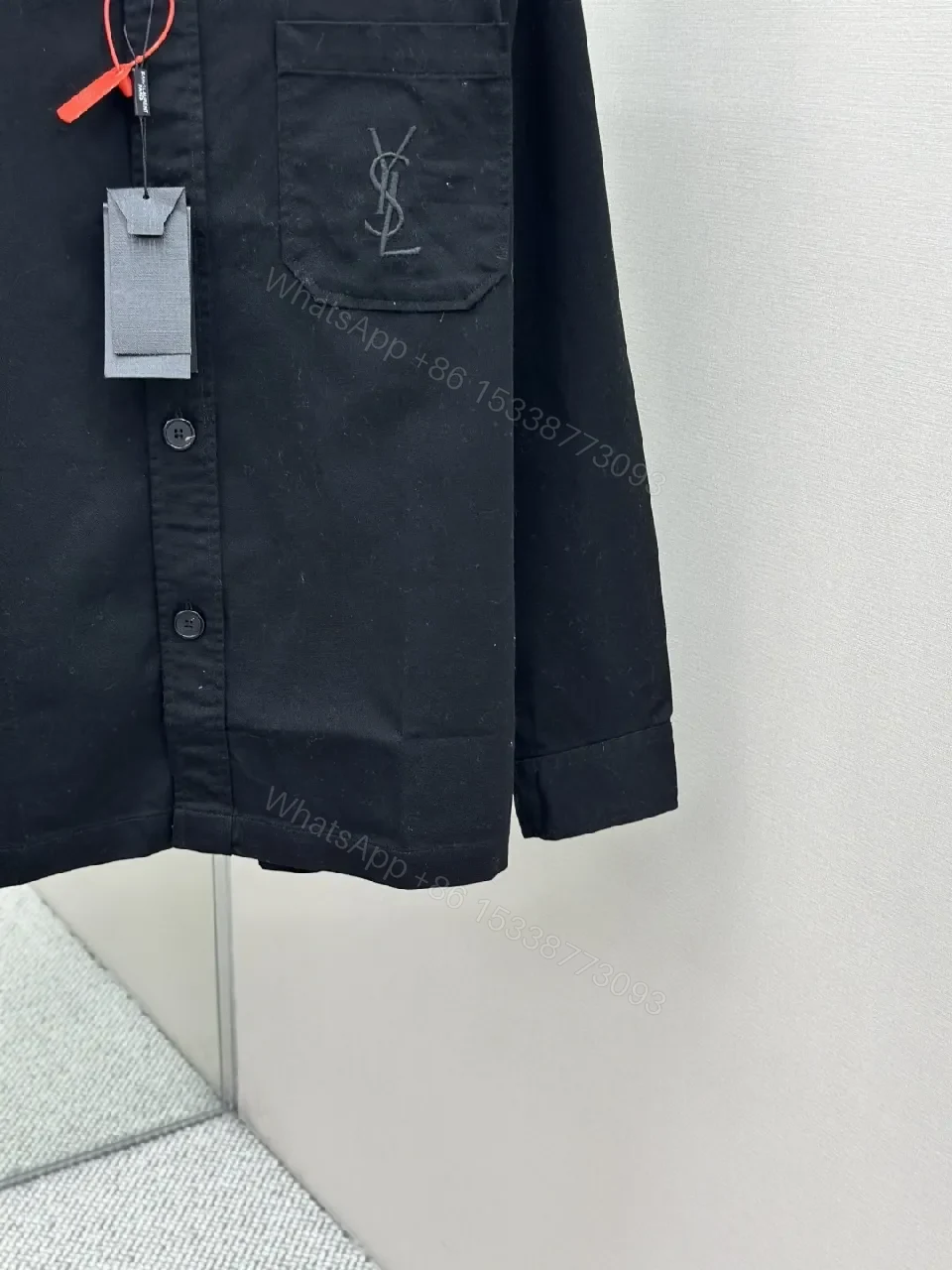 View 6 of Black Cotton-Blend Minimalist Shirt Jacket with Subtle Embroidery