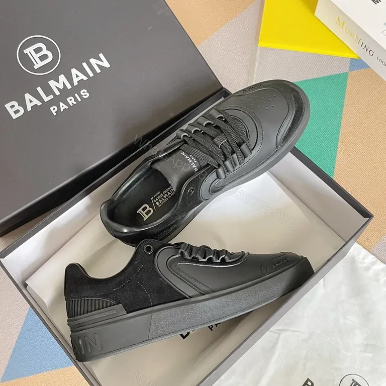 View 3 of Monochrome Mastery: Black Leather Balmain Sneaker, Luxury Casual