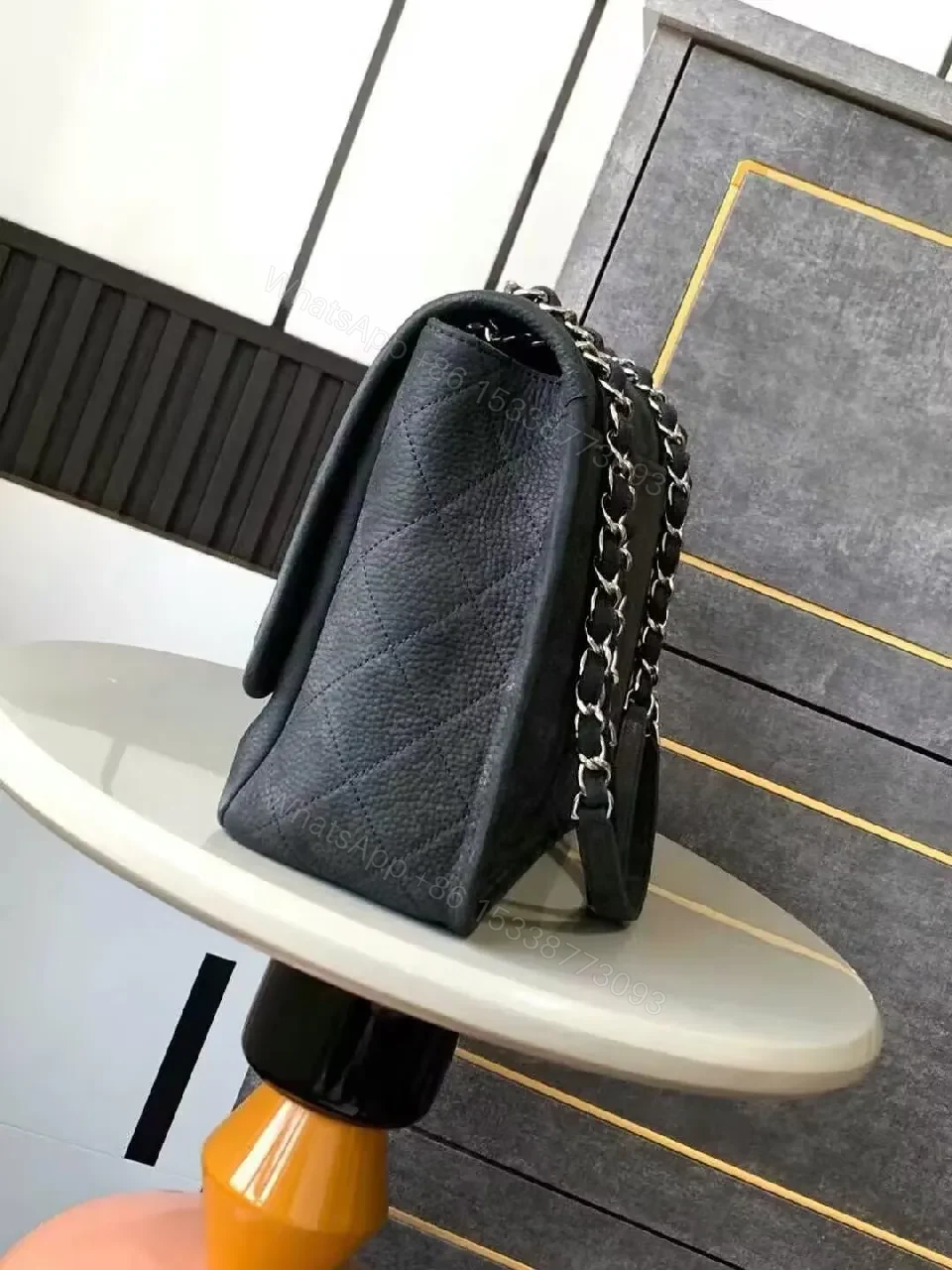 View 3 of Quilted Black Leather Flap Bag with Silver Chain