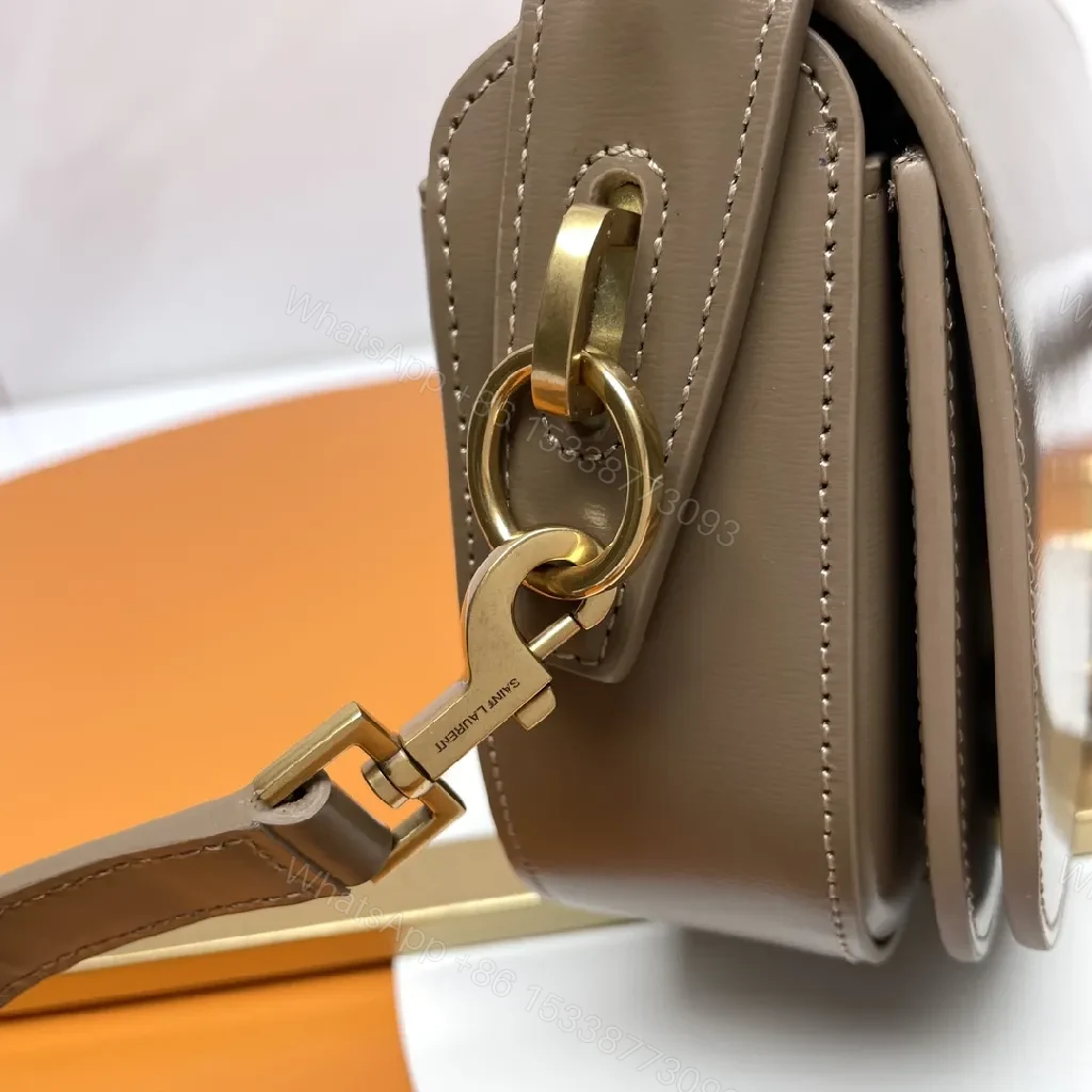View 4 of Taupe Leather Saddle Bag with Subtle Designer Hardware