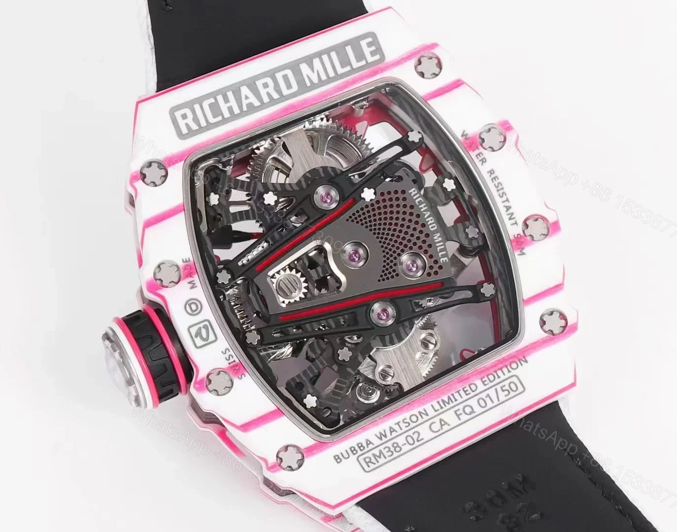 View 7 of Richard Mille RM38-02 Tourbillon Bubba Watson Watch White Strap Pink Quartz Carbon Fiber Skeleton Dial Golf Inspired Manual Winding Movement RM38-02-BW-WSP-PINK