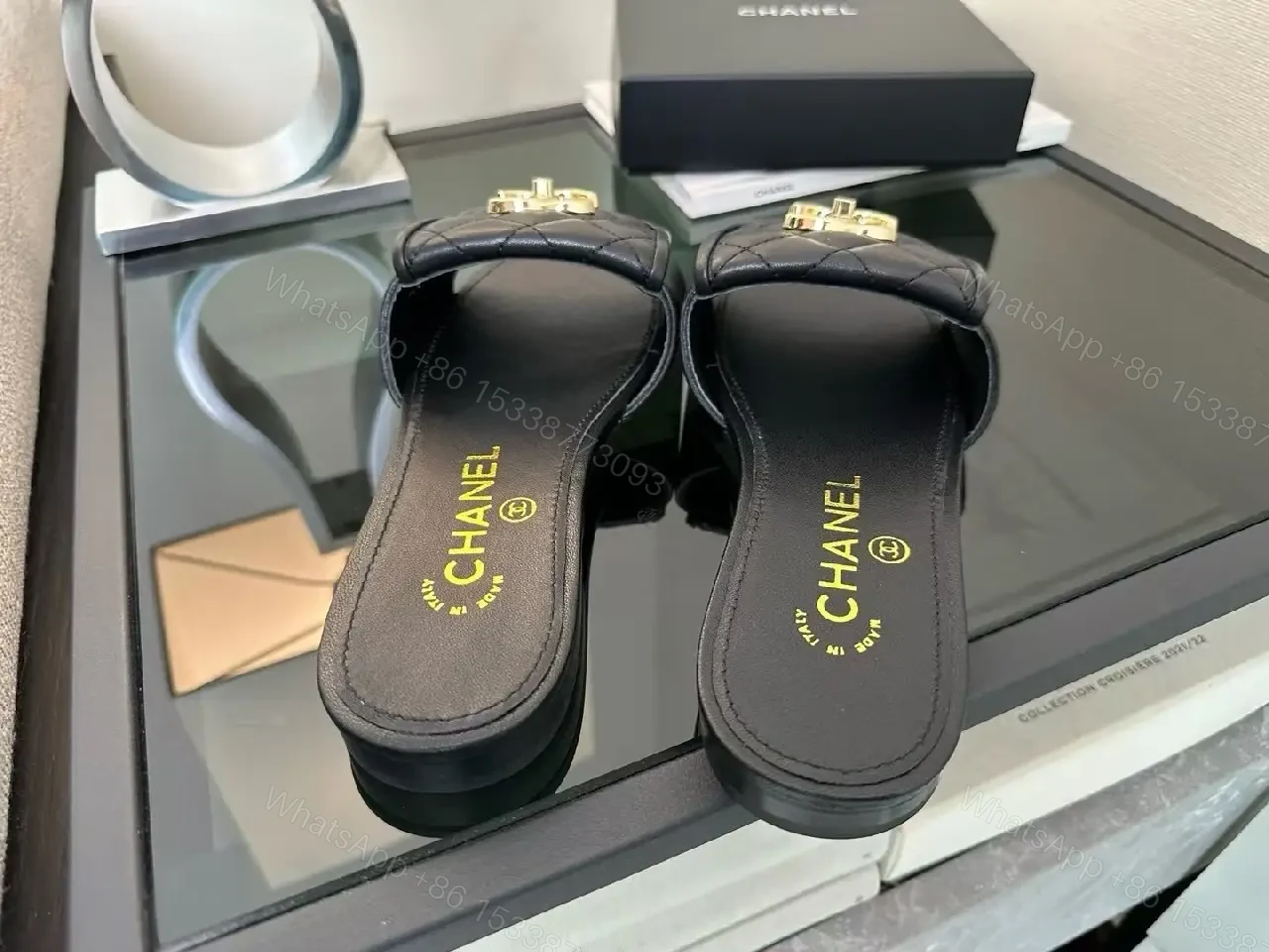 View 5 of Quilted Quinn Slides: Black + Gold Logo, Ultra-Comfort Slide