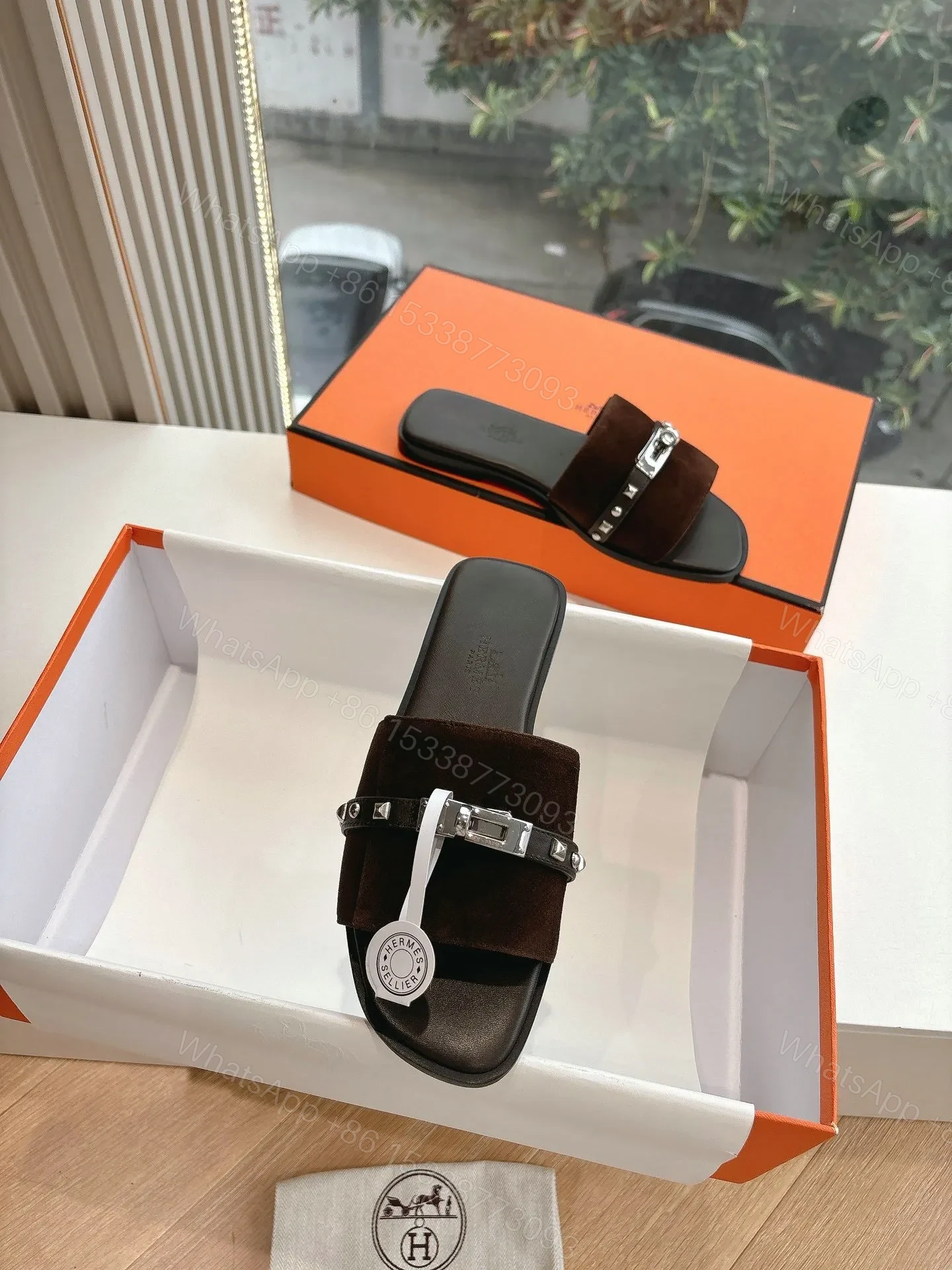 View 4 of Hermes Women Dark Brown Suede Leather Strap Mules