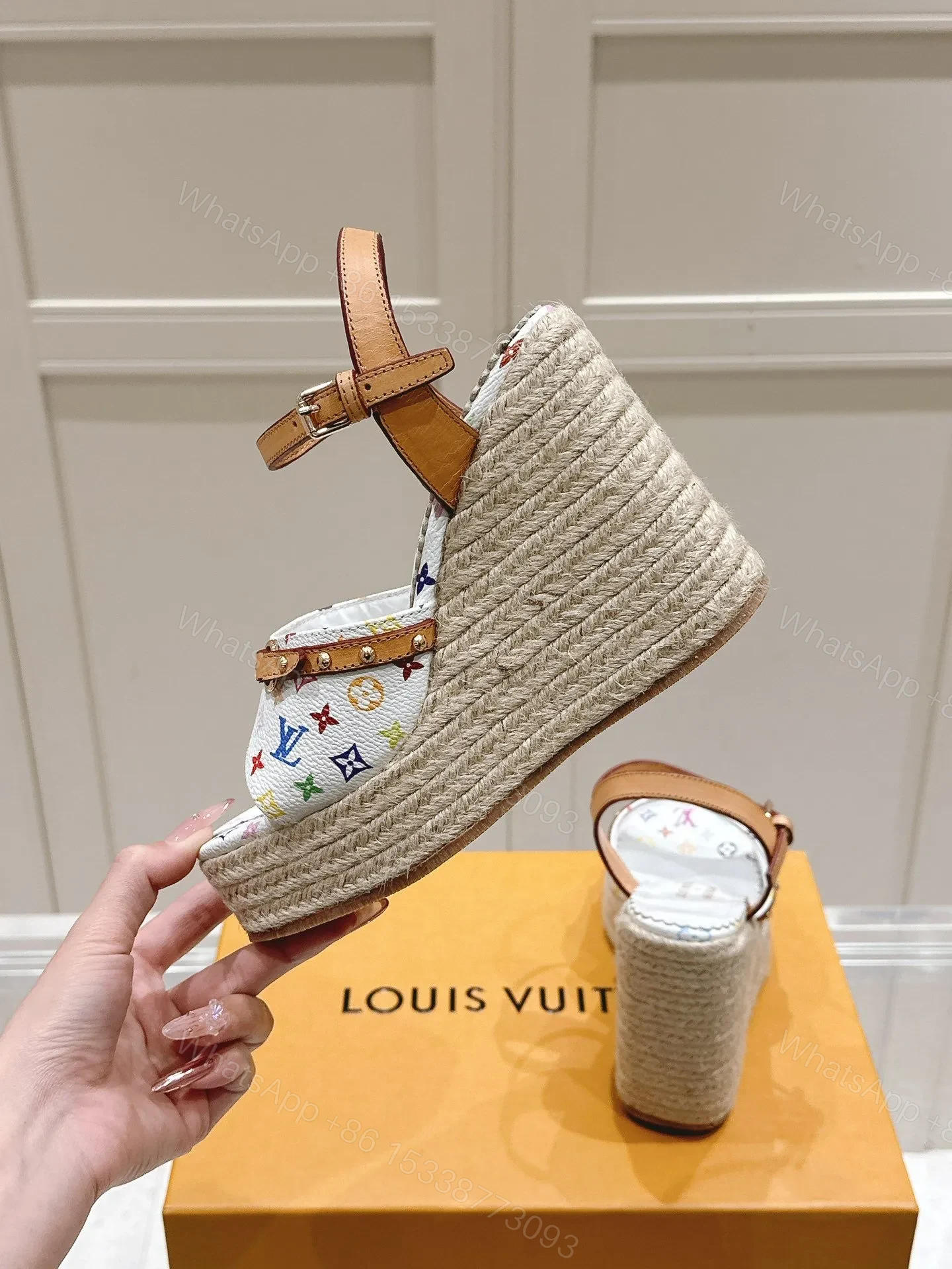View 6 of LV Women White Leather Multicolor Print Wedge Sandals