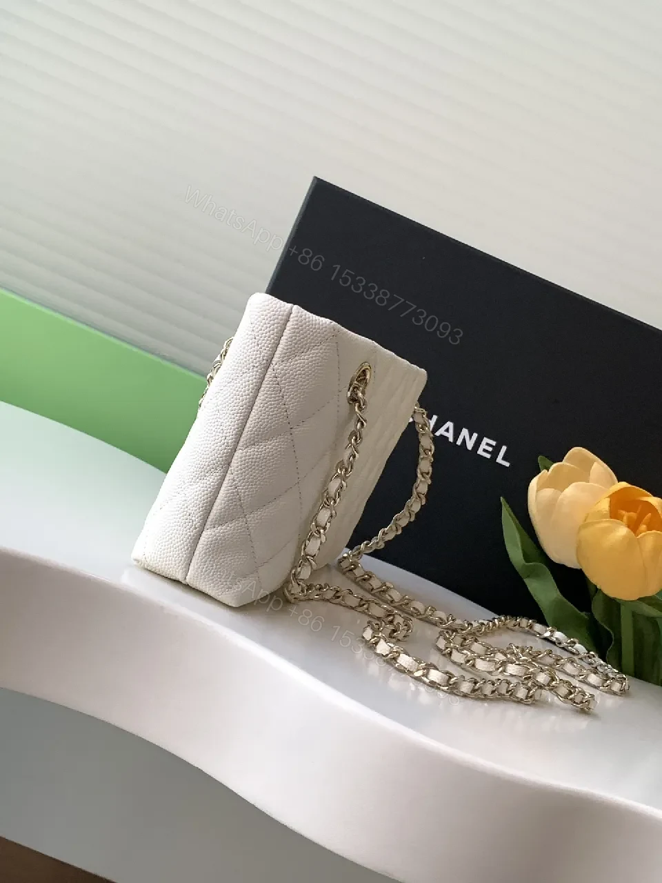 View 5 of Quilted White Chain-Detail Shoulder Bag, Elegant Day-to-Night