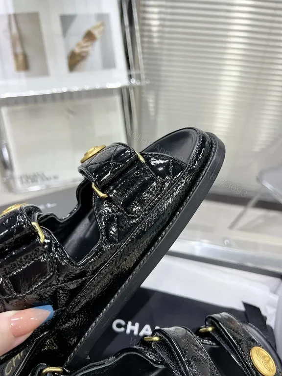 View 9 of Chanel-Inspired Black Patent Sandals with Gold Buttons