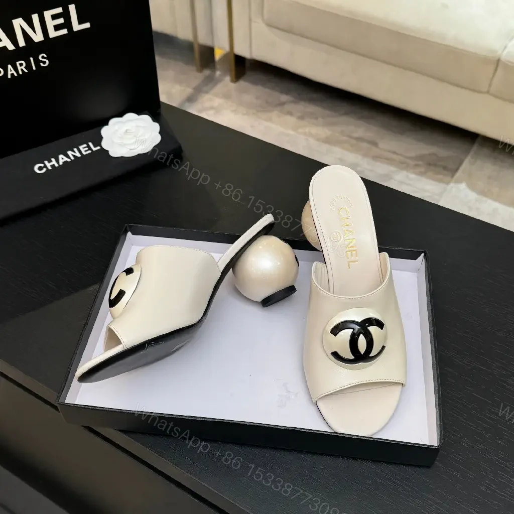 View 8 of Ivory Leather Block-Heel Slides with Interlocking Hardware