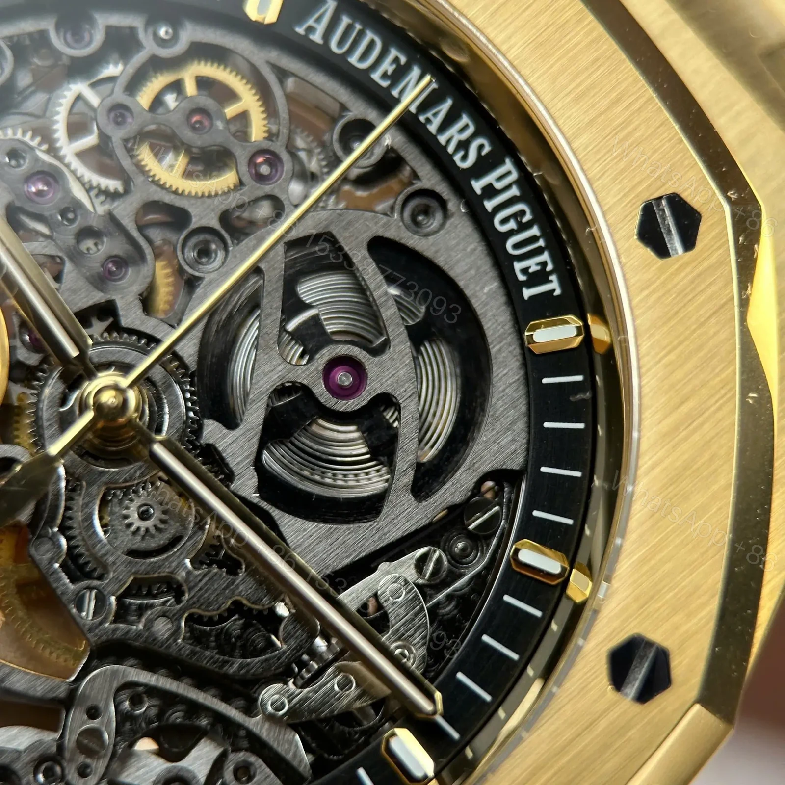 View 8 of Replica Audemars Piguet Royal Oak Openworked 15407 Yellow Skeleton Dial
