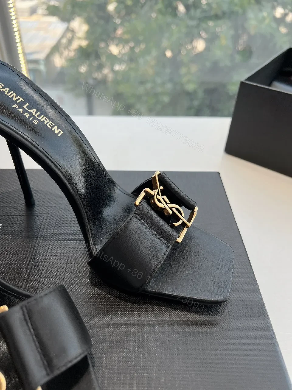 View 3 of Black Satin Mules with YSL Gold Emblem - Luxe Everyday Glam