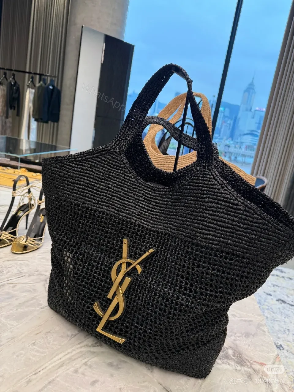 View 7 of Chunky Black Woven Tote: Luxe Monogram-Inspired, All-Day Carry