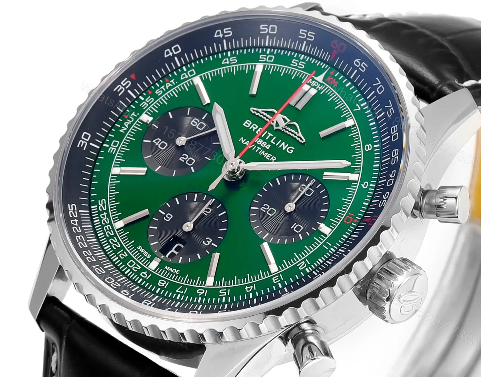 View 4 of Super Clone Breitling Navitimer B01 Green Leather Strap 43MM Premium AB0138241L1P1