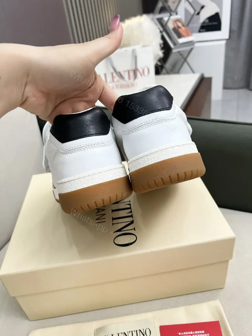 View 5 of White Leather High-Top Sneakers with Geometric Hardware