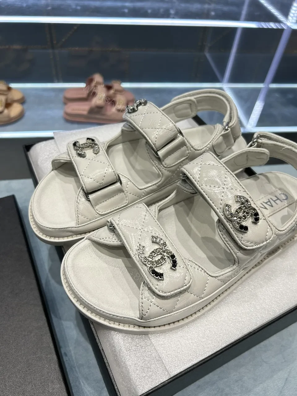 View 8 of White Quilted Leather Sandals with Crystal Accents - Lux Comfortable Sandals