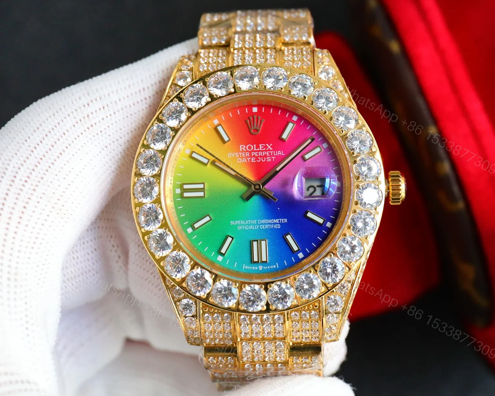 View 2 of Rolex Day-Date Rainbow Iced Replica 42MM Premium Full Gold Bracelet Rainbow Dial Edition ROLEX-DD-RAINBOW-ICED-FULL-GOLD-42