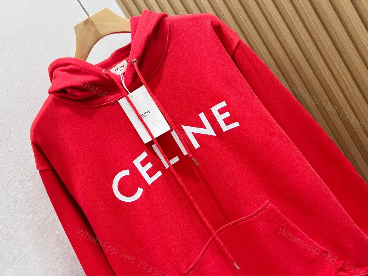 View 5 of Bold Red Hoodie with Celine-Inspired Typography