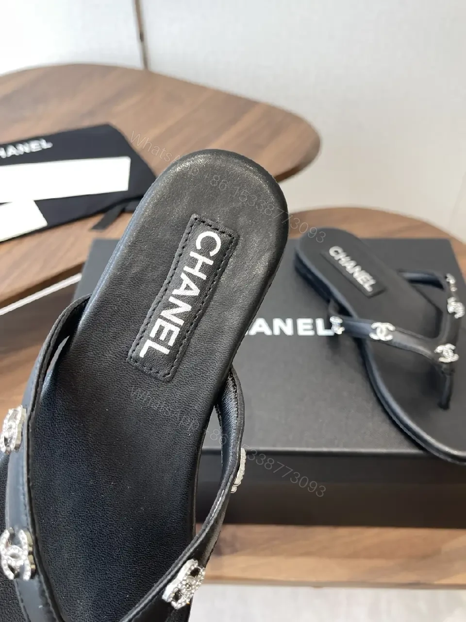 View 4 of Black Leather Flip-Flops Faux Pearl Thong Comfort CHANEL-inspired Sliders