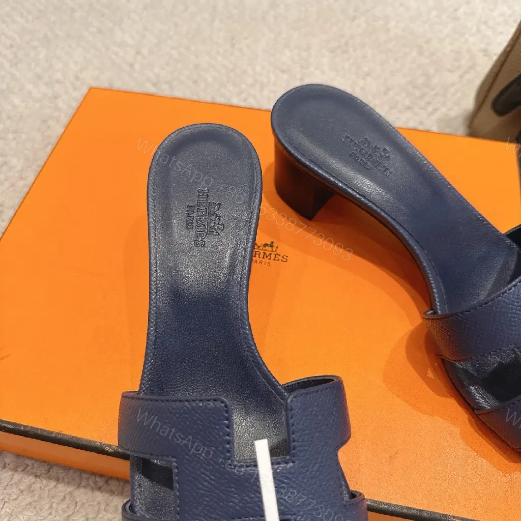 View 7 of Navy Leather Hermès-Inspired Sandals Blue Slide Sandals