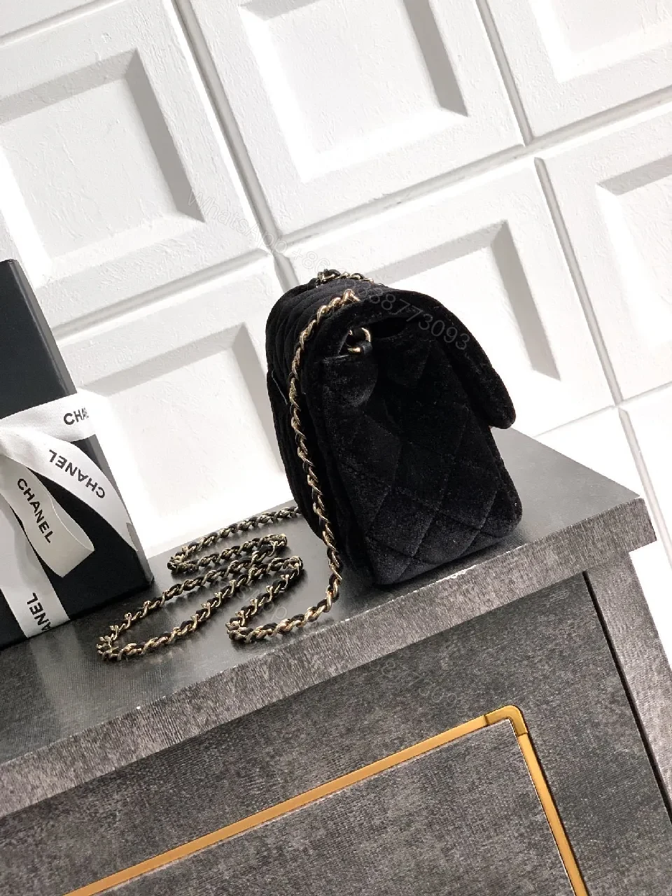 View 8 of Velvet Quilted Crossbody Bag with Gold Chain