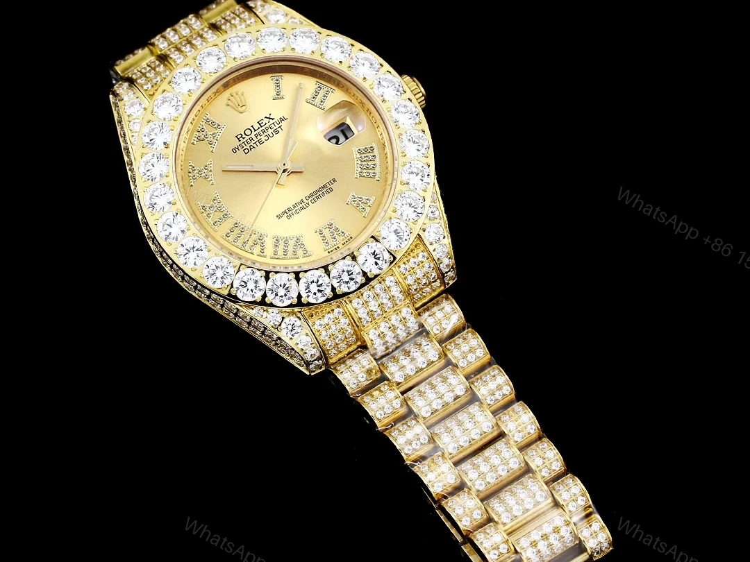 View 5 of Rolex Day-Date Gold Champagne Iced Replica 42MM Premium Full Gold Bracelet Champagne Dial Edition RG-ROLEX-DD-GOLD-CHAMP-ICED-FULL-42