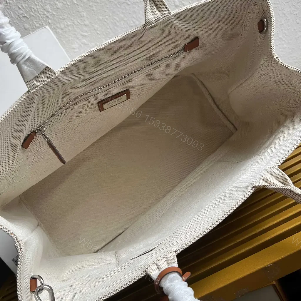 View 7 of Light Beige Canvas Tote Bag with Leather Accents and Structured Silhouette