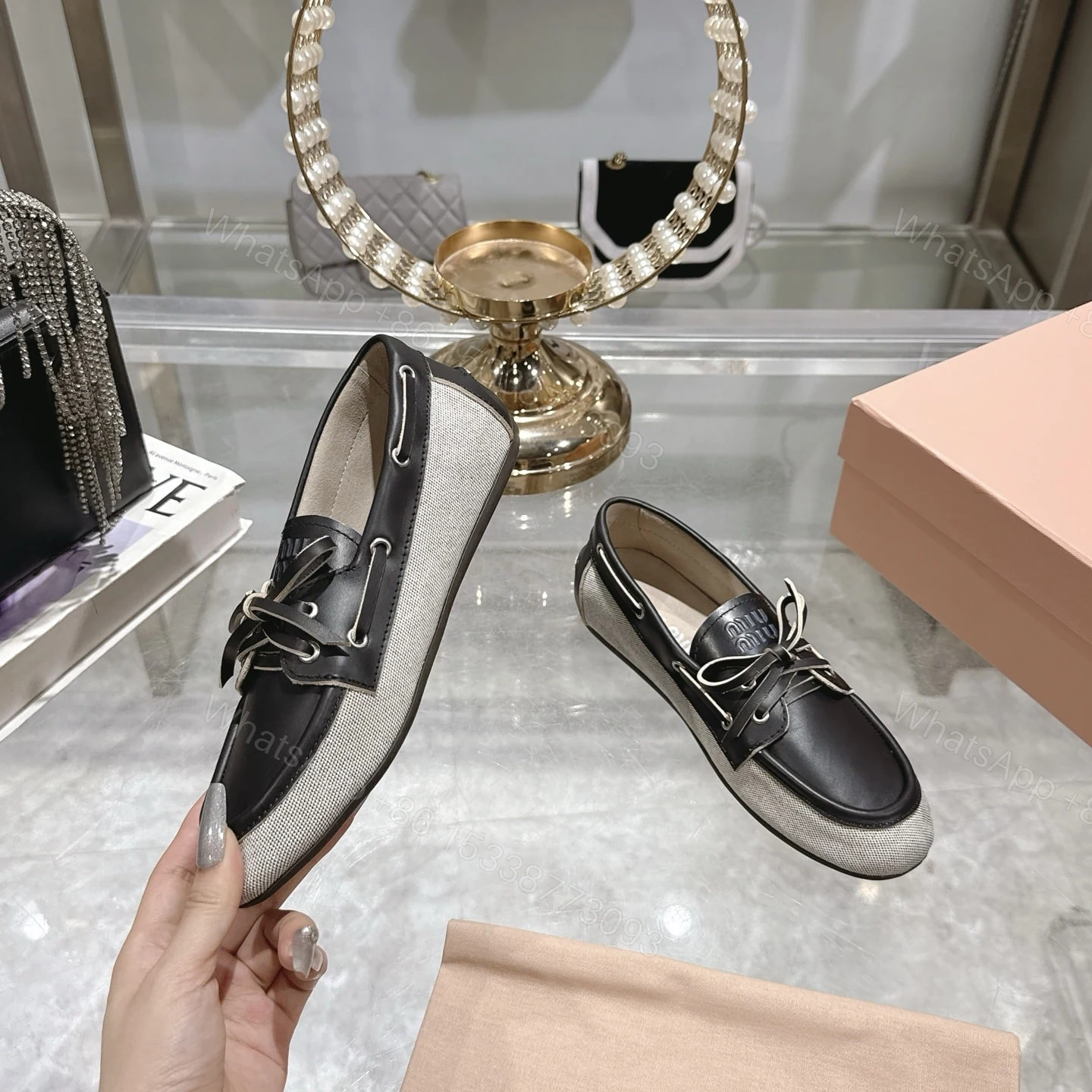 View 3 of MIUMIU CANVAS AND BLEACHED BOAT SHOES BLACK